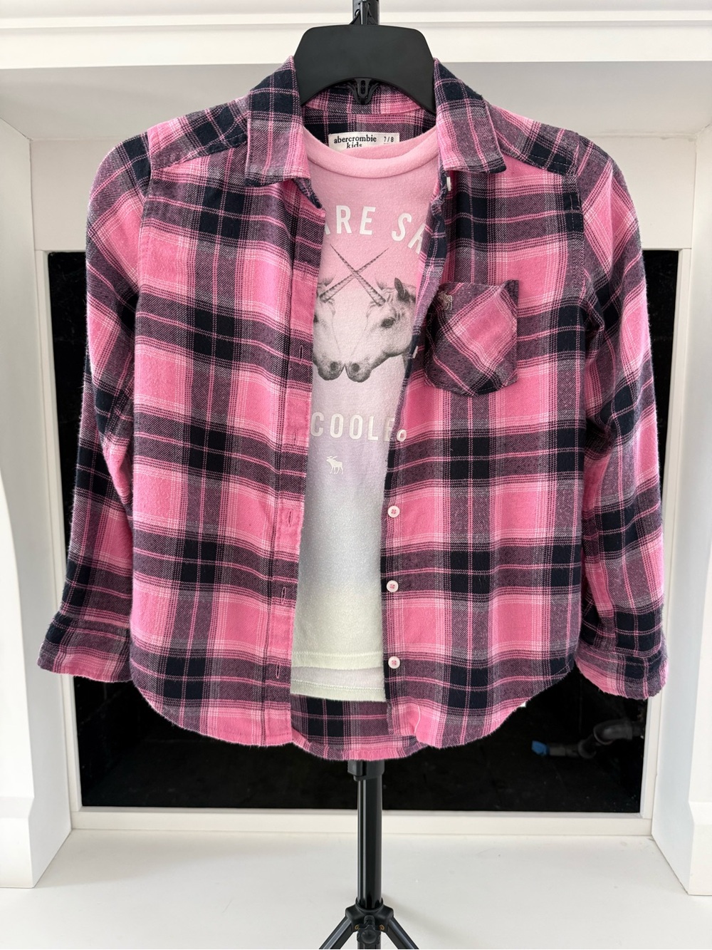 Abercrombie & Fitch Pink and Black Plaid Button-Down Shirt/ Girls 7/8